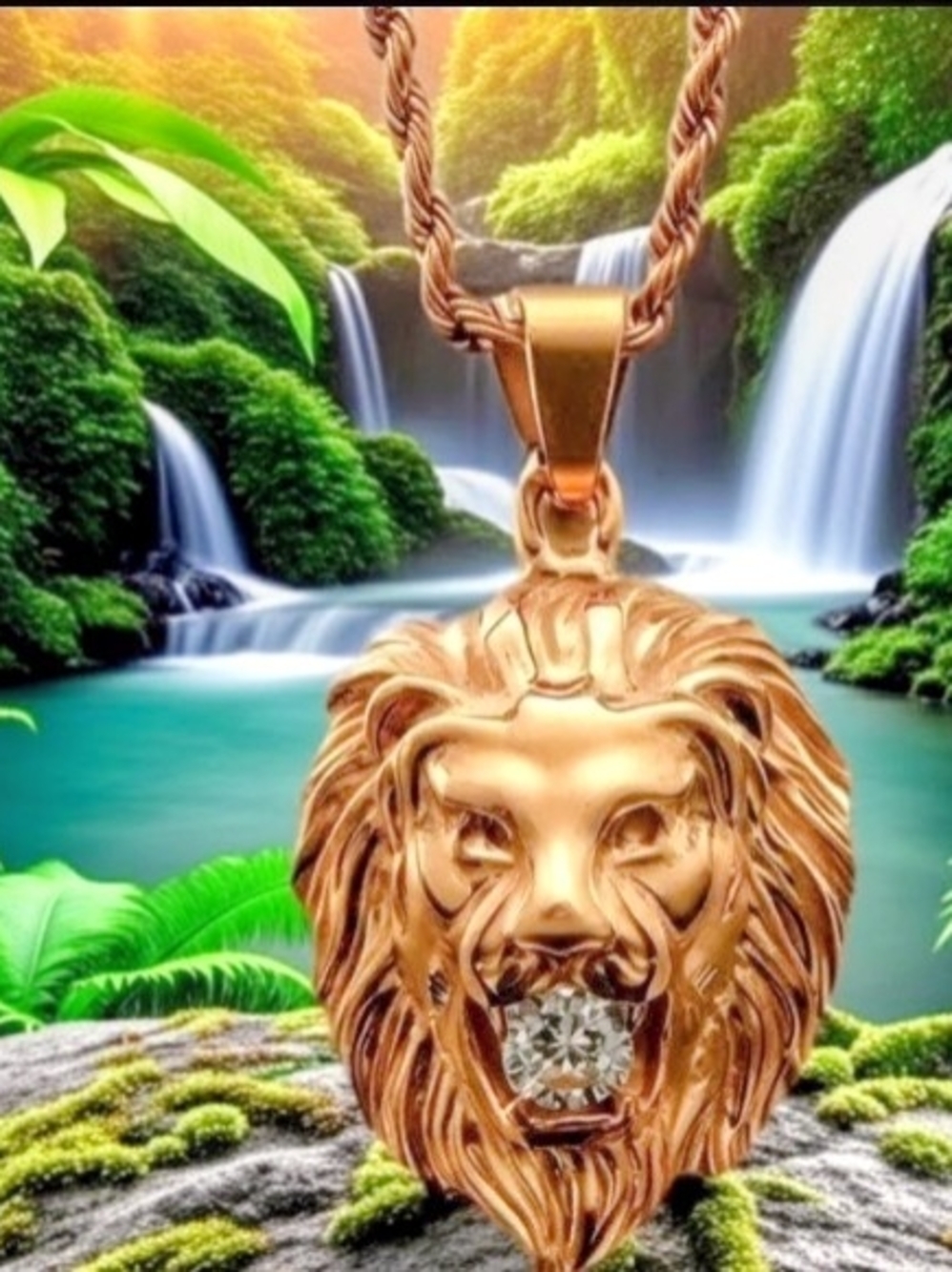 Gold Lion Head Pendant Necklace with Crystal Accent - New